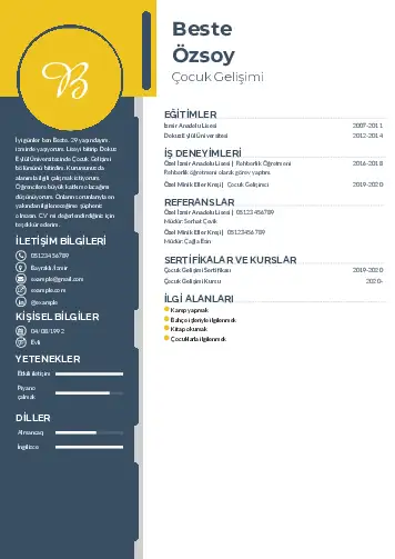 Çocuk Gelişimi Bölümü CV Örnekleri cv indir